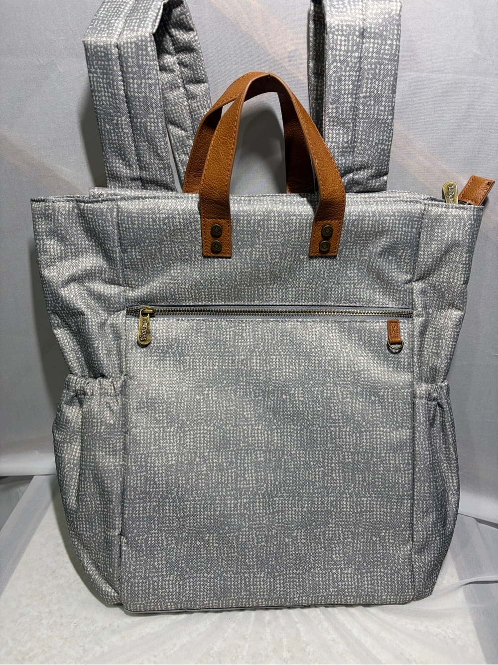 Thirty One: Insulated Gray Patterned Backpack Tote with Brown Leather Handle